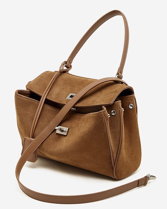 Women's Soft Suede Cowhide Lock Top-Handle Bag