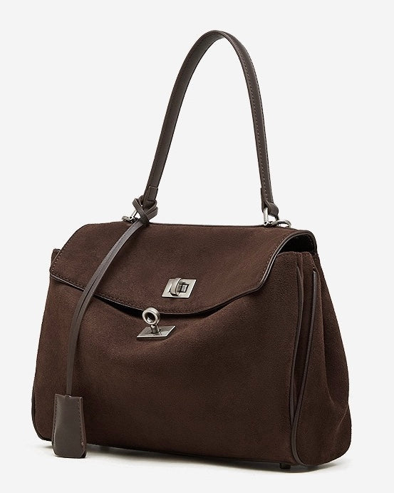 Women's Soft Suede Cowhide Lock Top-Handle Bag