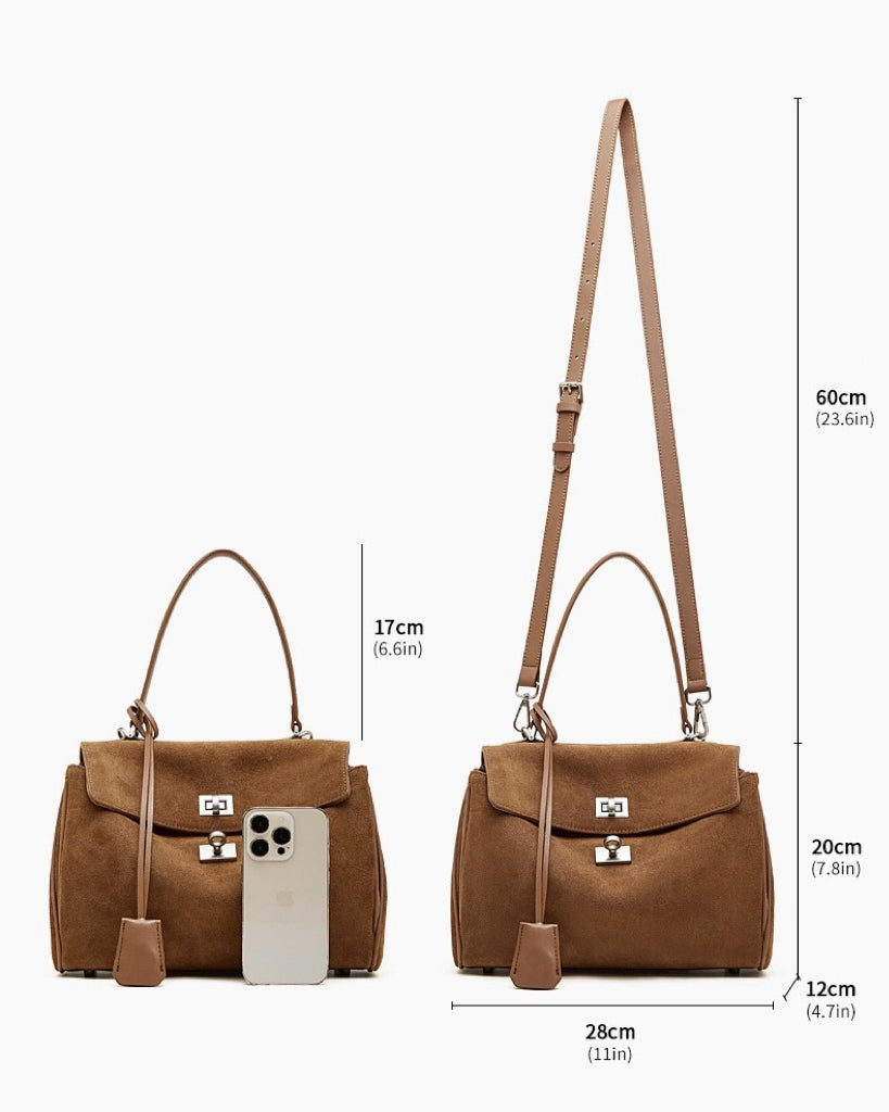 Women's Soft Suede Cowhide Lock Top-Handle Bag