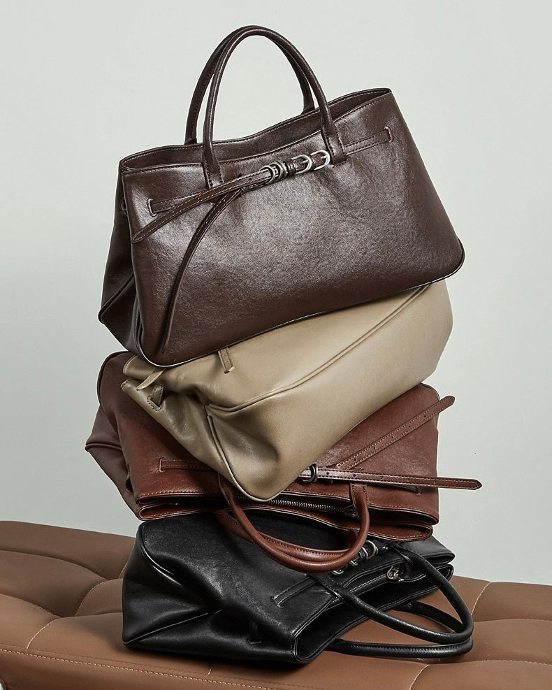 Women's Textured Cowhide Retro Ring-Buckle Tote Bag
