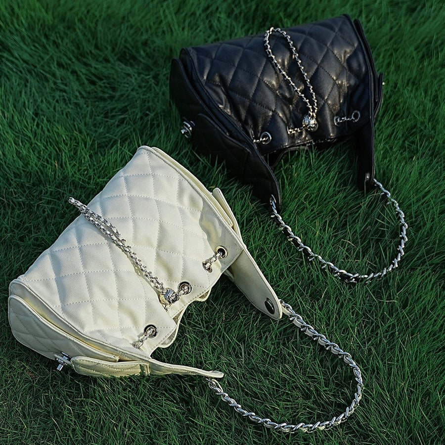 Women's Genuine Leather Quilted Bucket Shoulder Crossbody Bag