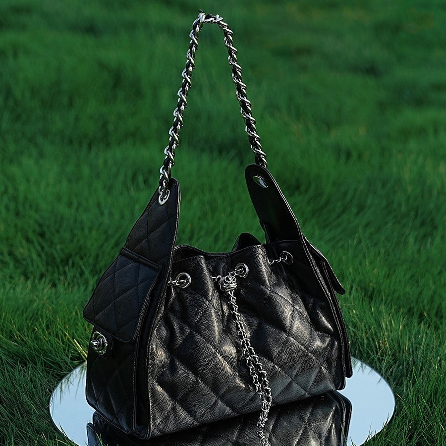 Women's Genuine Leather Quilted Bucket Shoulder Crossbody Bag