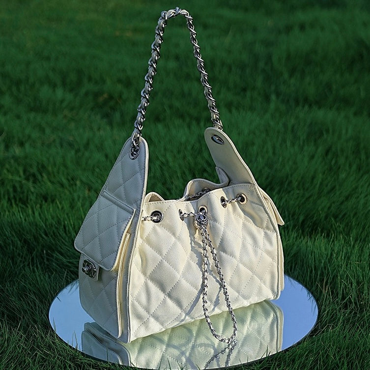 Women's Genuine Leather Quilted Bucket Shoulder Crossbody Bag