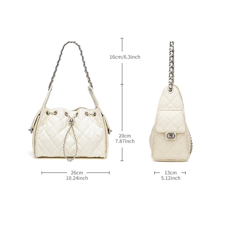 Women's Genuine Leather Quilted Bucket Shoulder Crossbody Bag
