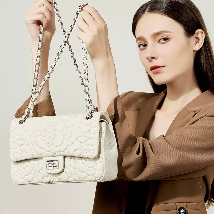 Women's Genuine Sheepskin Quilted Camellia Chain Crossbody Bag with Lock Closure