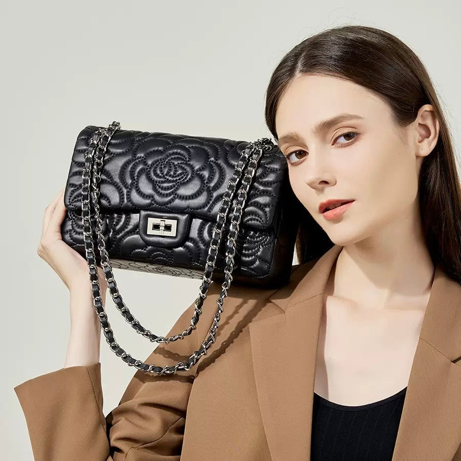 Women's Genuine Sheepskin Quilted Camellia Chain Crossbody Bag with Lock Closure