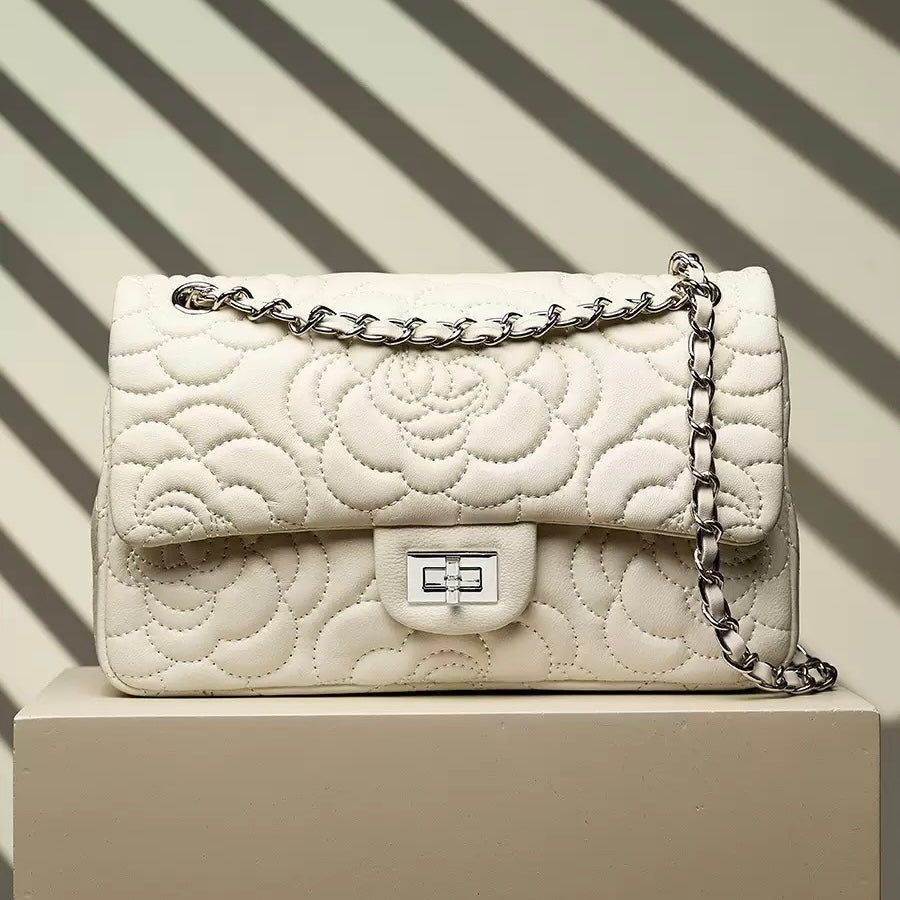Women's Genuine Sheepskin Quilted Camellia Chain Crossbody Bag with Lock Closure
