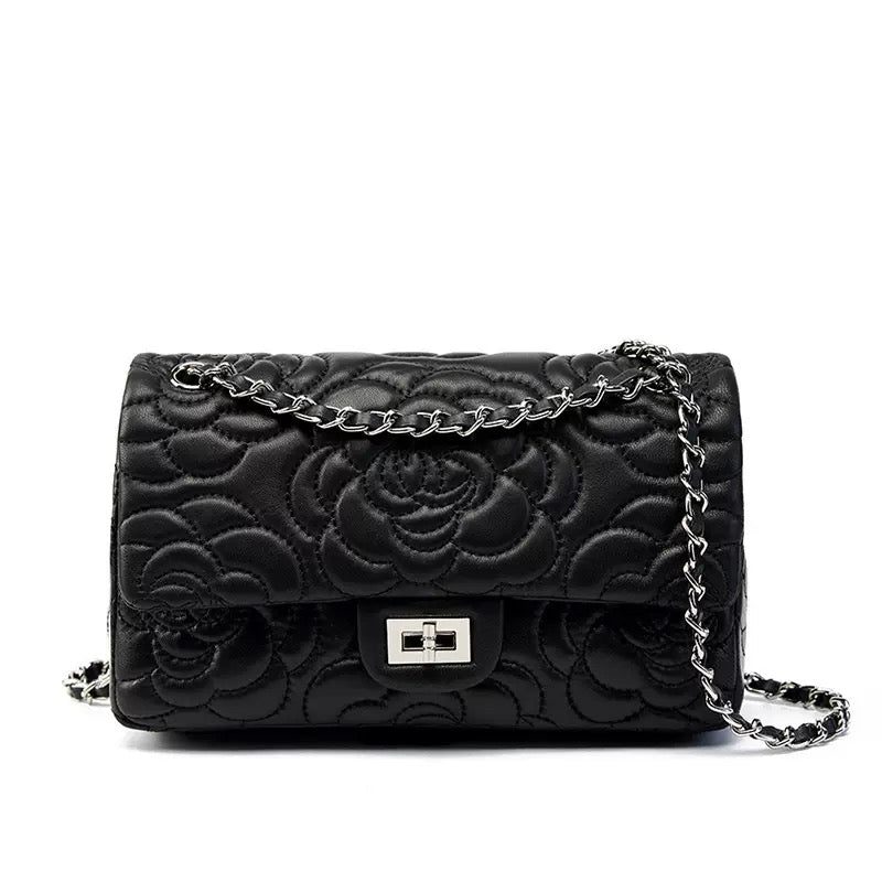 Women's Genuine Sheepskin Quilted Camellia Chain Crossbody Bag with Lock Closure