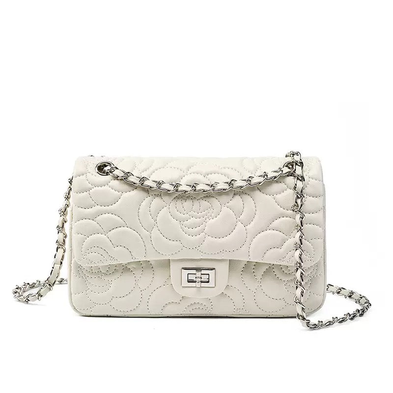 Women's Genuine Sheepskin Quilted Camellia Chain Crossbody Bag with Lock Closure