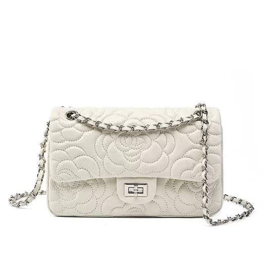 Women's Genuine Sheepskin Quilted Camellia Chain Crossbody Bag with Lock Closure