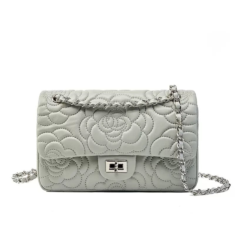 Women's Genuine Sheepskin Quilted Camellia Chain Crossbody Bag with Lock Closure