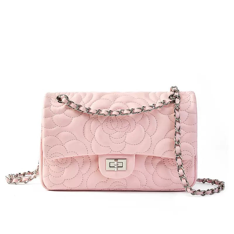 Women's Genuine Sheepskin Quilted Camellia Chain Crossbody Bag with Lock Closure