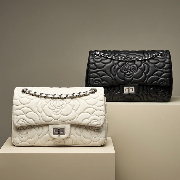 Women's Genuine Sheepskin Quilted Camellia Chain Crossbody Bag with Lock Closure