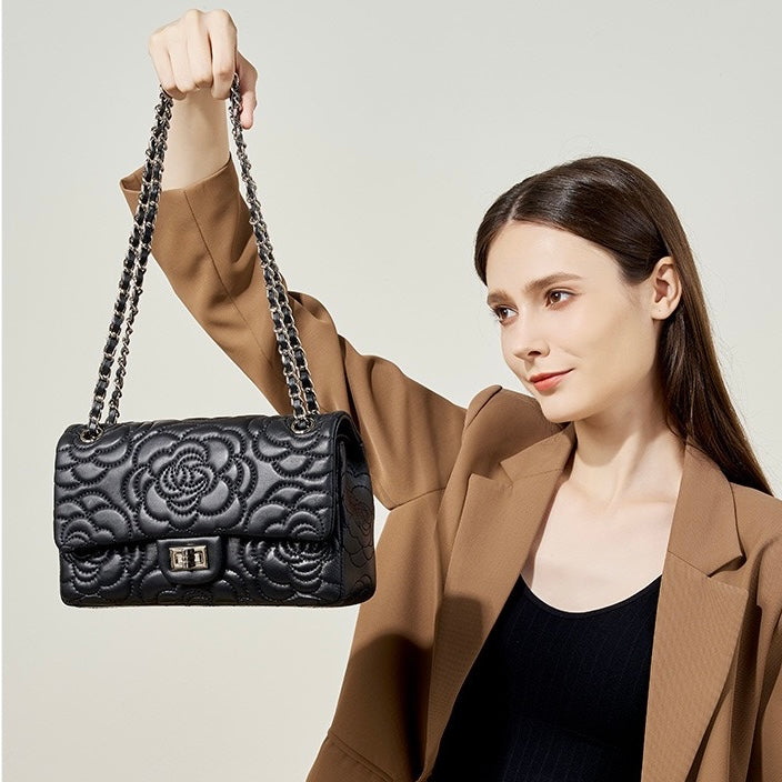 Women's Genuine Sheepskin Quilted Camellia Chain Crossbody Bag with Lock Closure