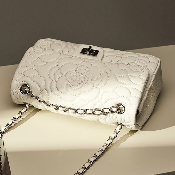 Women's Genuine Sheepskin Quilted Camellia Chain Crossbody Bag with Lock Closure