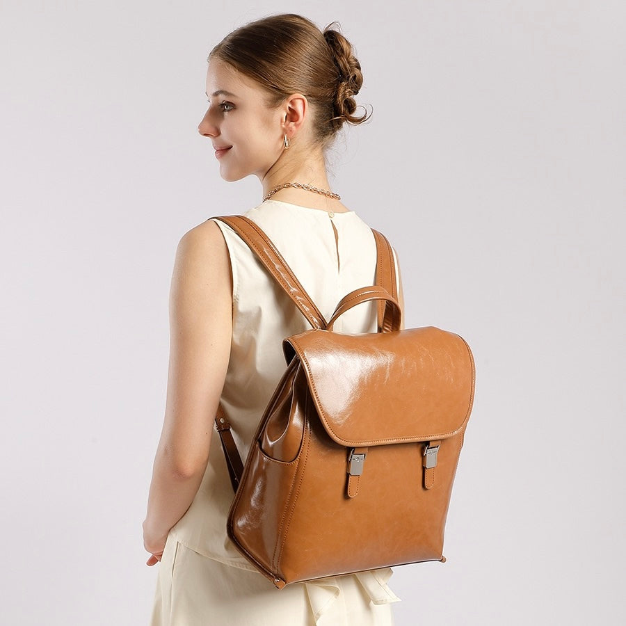 Unisex Genuine Leather Flap Backpack with Laptop Compartment