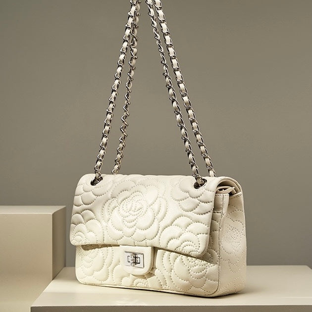 Women's Genuine Sheepskin Quilted Camellia Chain Crossbody Bag with Lock Closure