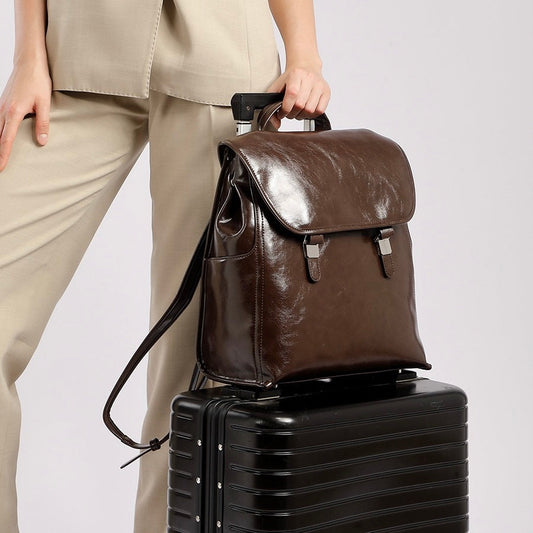 Unisex Genuine Leather Flap Backpack with Laptop Compartment