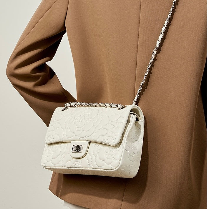 Women's Genuine Sheepskin Quilted Camellia Chain Crossbody Bag with Lock Closure