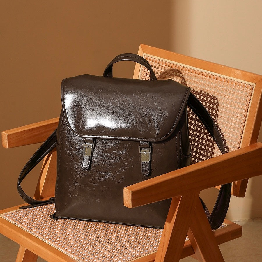 Unisex Genuine Leather Flap Backpack with Laptop Compartment