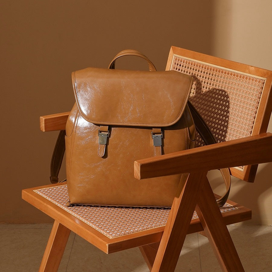 Unisex Genuine Leather Flap Backpack with Laptop Compartment