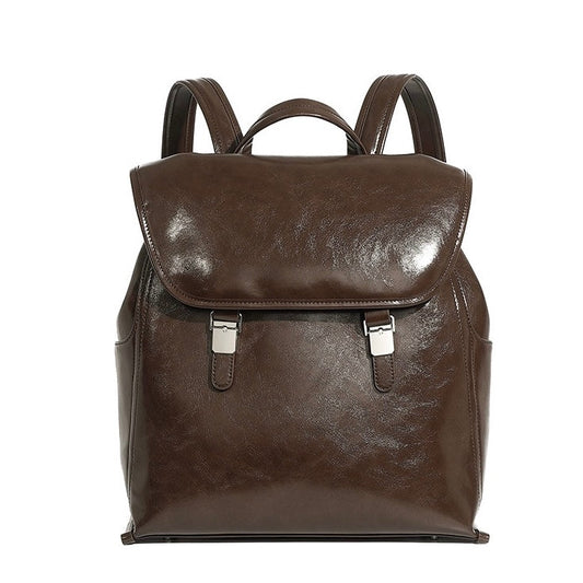 Unisex Genuine Leather Flap Backpack with Laptop Compartment
