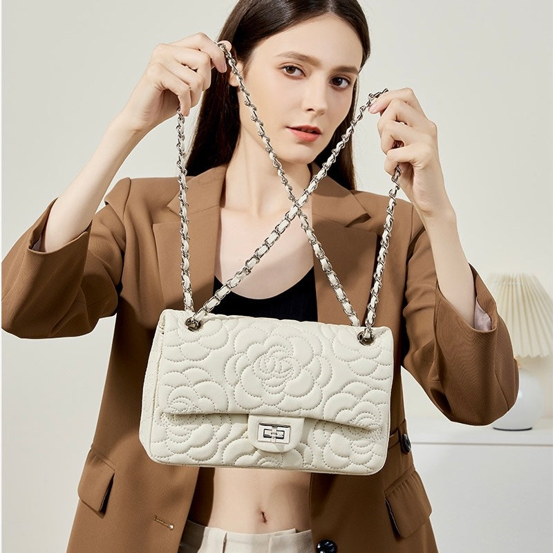 Women's Genuine Sheepskin Quilted Camellia Chain Crossbody Bag with Lock Closure