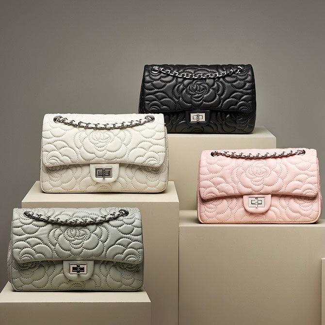 Women's Genuine Sheepskin Quilted Camellia Chain Crossbody Bag with Lock Closure
