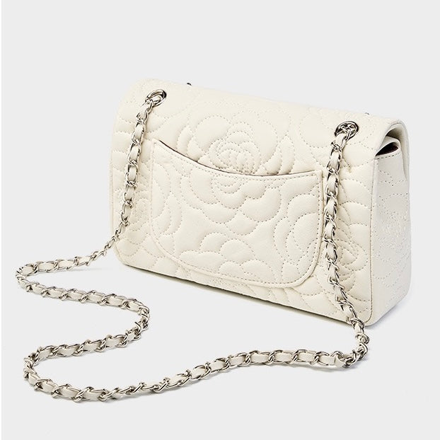 Women's Genuine Sheepskin Quilted Camellia Chain Crossbody Bag with Lock Closure