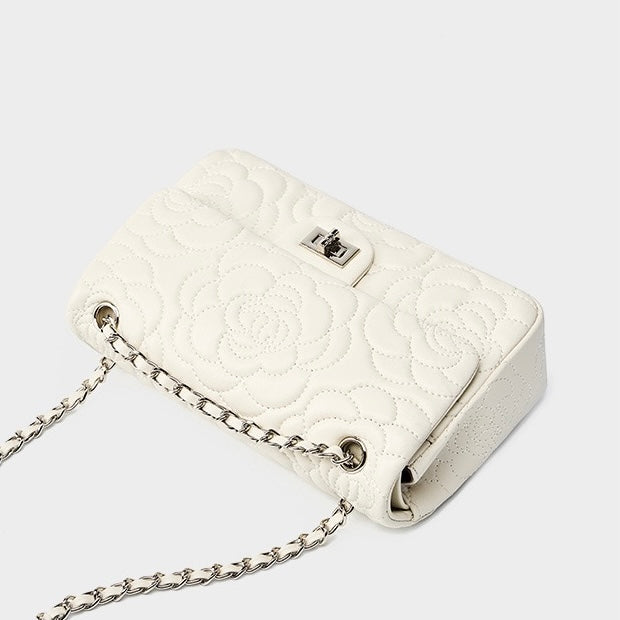 Women's Genuine Sheepskin Quilted Camellia Chain Crossbody Bag with Lock Closure