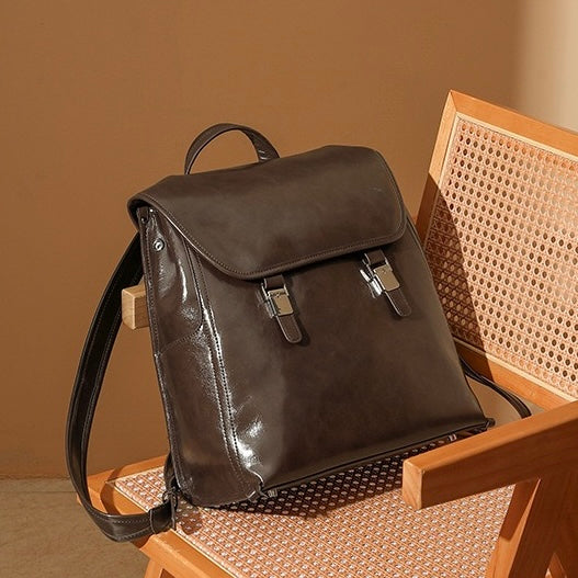 Unisex Genuine Leather Flap Backpack with Laptop Compartment
