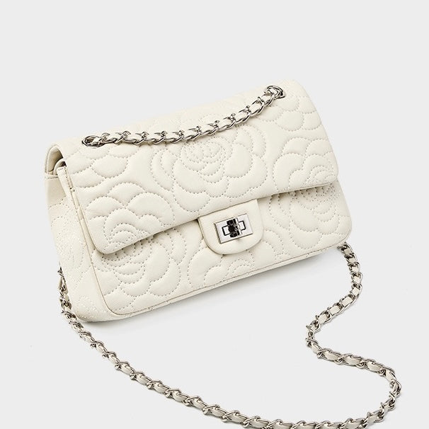 Women's Genuine Sheepskin Quilted Camellia Chain Crossbody Bag with Lock Closure