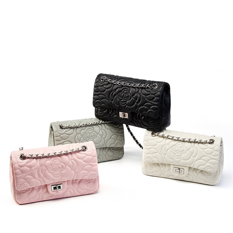 Women's Genuine Sheepskin Quilted Camellia Chain Crossbody Bag with Lock Closure