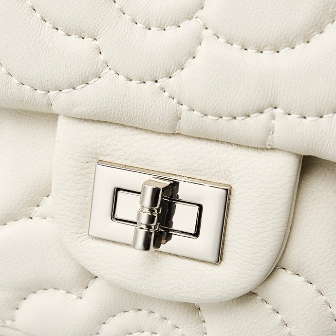 Women's Genuine Sheepskin Quilted Camellia Chain Crossbody Bag with Lock Closure