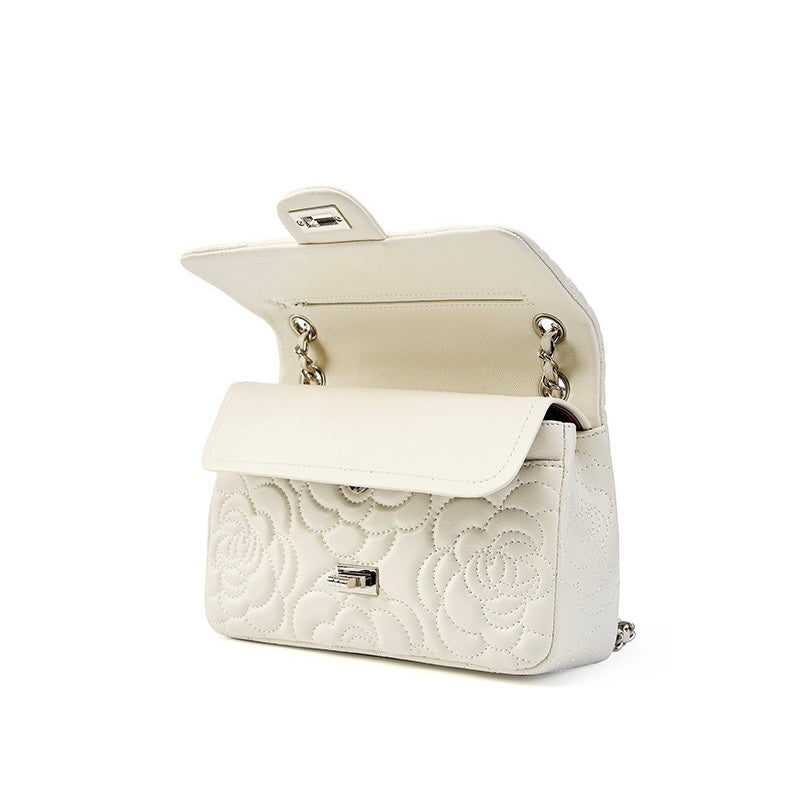Women's Genuine Sheepskin Quilted Camellia Chain Crossbody Bag with Lock Closure