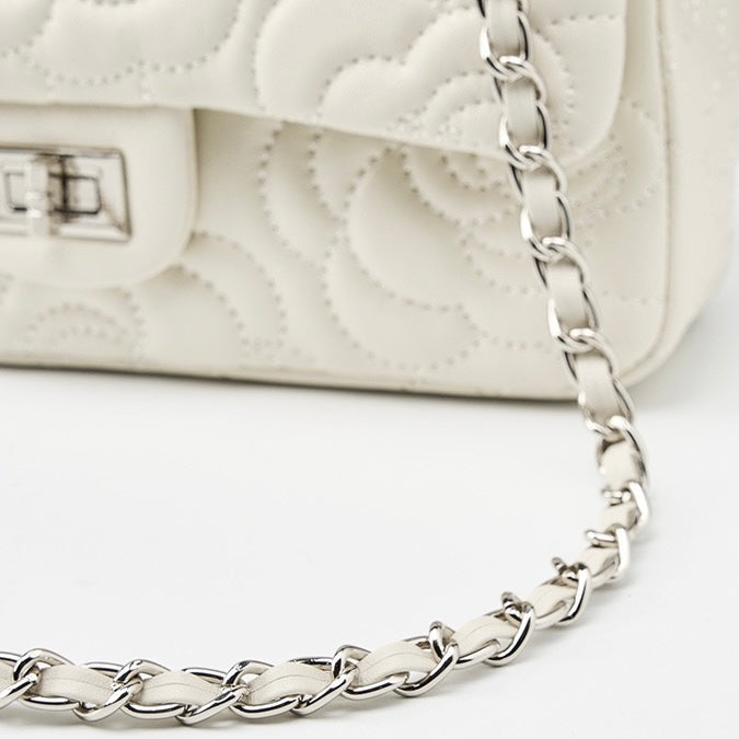 Women's Genuine Sheepskin Quilted Camellia Chain Crossbody Bag with Lock Closure