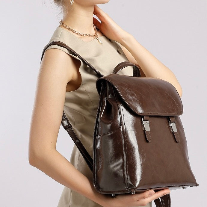 Unisex Genuine Leather Flap Backpack with Laptop Compartment