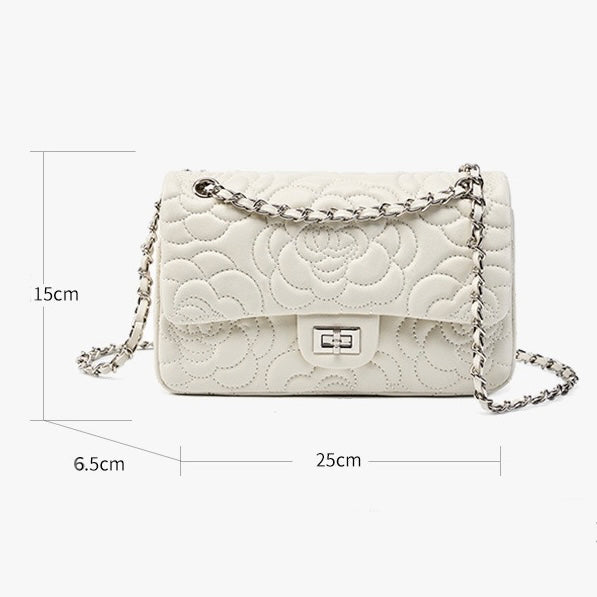 Women's Genuine Sheepskin Quilted Camellia Chain Crossbody Bag with Lock Closure