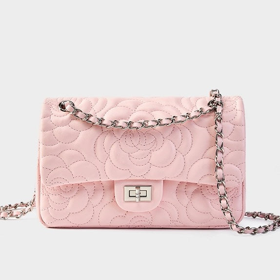Women's Genuine Sheepskin Quilted Camellia Chain Crossbody Bag with Lock Closure