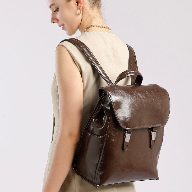 Unisex Genuine Leather Flap Backpack with Laptop Compartment