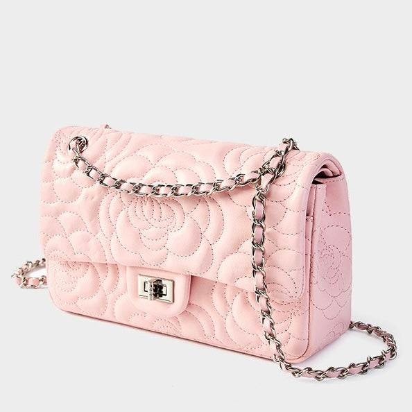 Women's Genuine Sheepskin Quilted Camellia Chain Crossbody Bag with Lock Closure