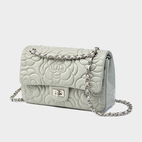 Women's Genuine Sheepskin Quilted Camellia Chain Crossbody Bag with Lock Closure