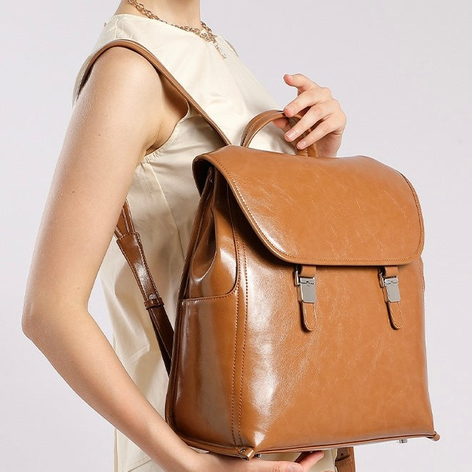 Unisex Genuine Leather Flap Backpack with Laptop Compartment