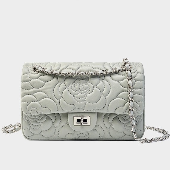Women's Genuine Sheepskin Quilted Camellia Chain Crossbody Bag with Lock Closure