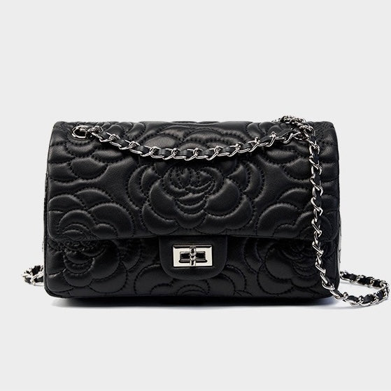 Women's Genuine Sheepskin Quilted Camellia Chain Crossbody Bag with Lock Closure
