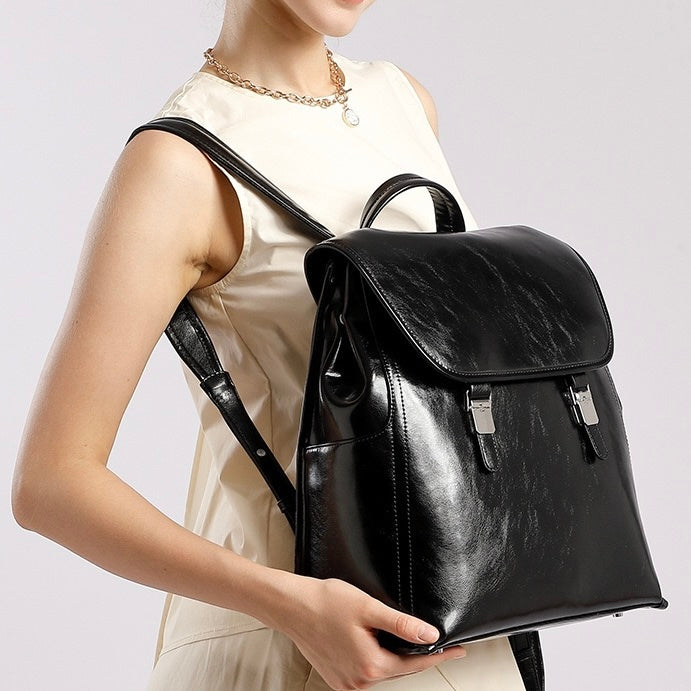 Unisex Genuine Leather Flap Backpack with Laptop Compartment
