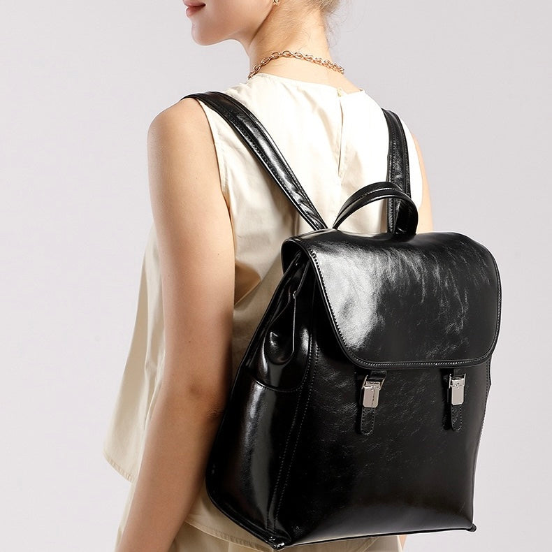 Unisex Genuine Leather Flap Backpack with Laptop Compartment