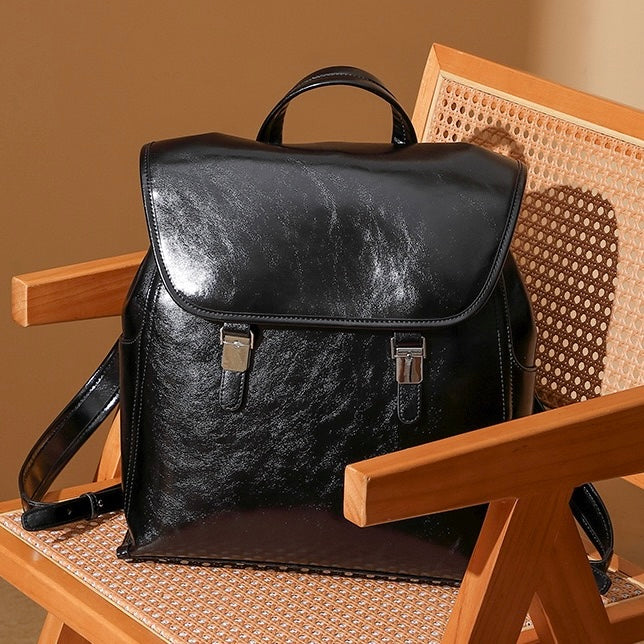 Unisex Genuine Leather Flap Backpack with Laptop Compartment