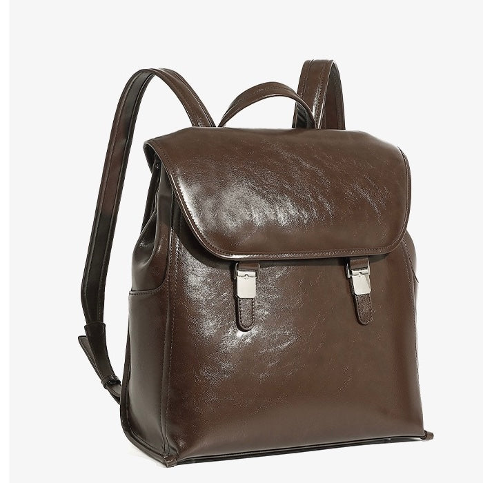 Unisex Genuine Leather Flap Backpack with Laptop Compartment