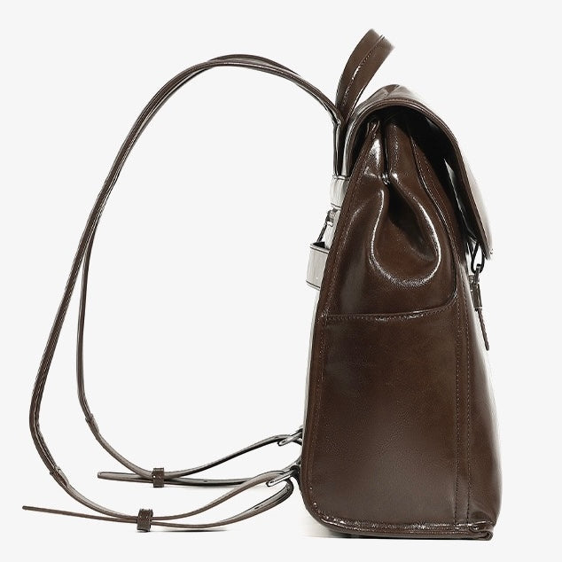 Unisex Genuine Leather Flap Backpack with Laptop Compartment